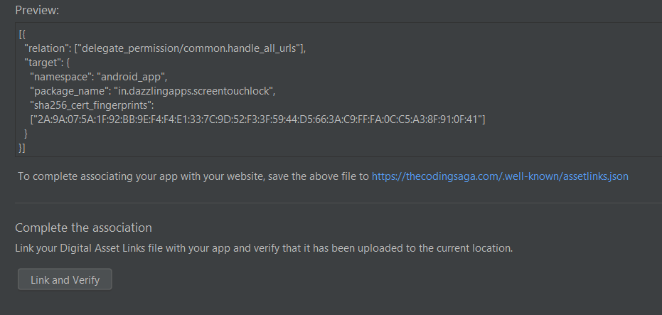 Preview of assetlinks.json file